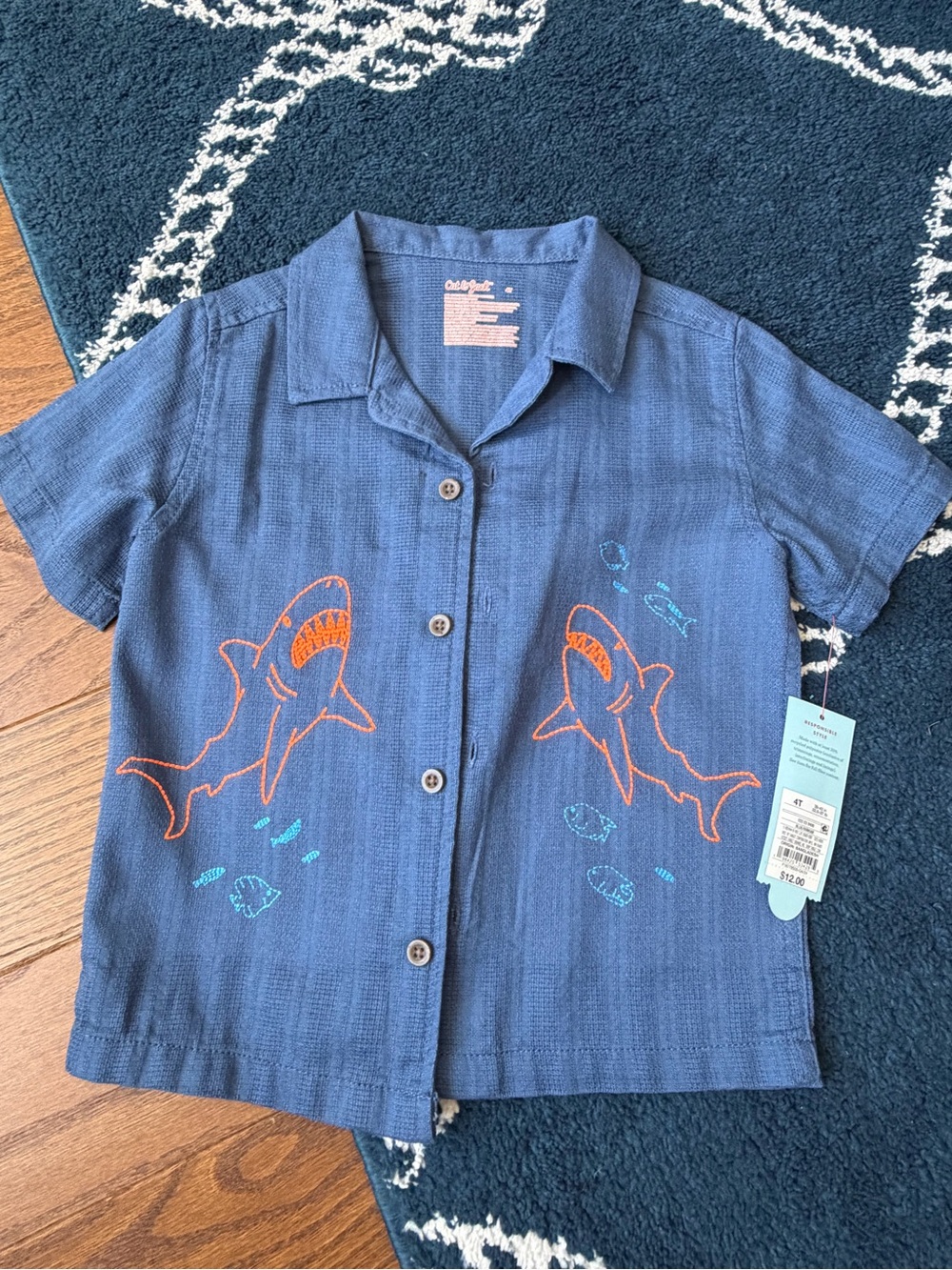 Cat & Jack Navy Short-Sleeve Button-Down Shirt with Orange Shark Embroidery
